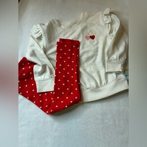 Cat & Jack Set White long Sleeve and Red Pants with White Hearts 3T